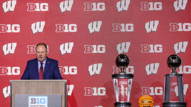 Oct 10, 2023; Minneapolis, MN, USA; Wisconsin Badgers head coach Greg Gard speaks to the media during the Big Ten basketball media days at Target Center. Mandatory Credit: Matt Krohn-USA TODAY Sports